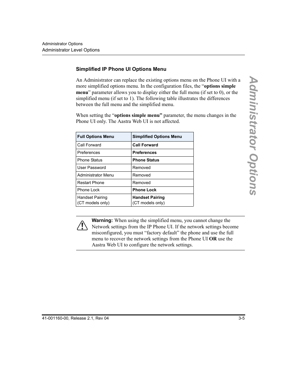 Simplified ip phone ui options menu, Administrator options | Aastra Telecom SIP 57I User Manual | Page 63 / 818