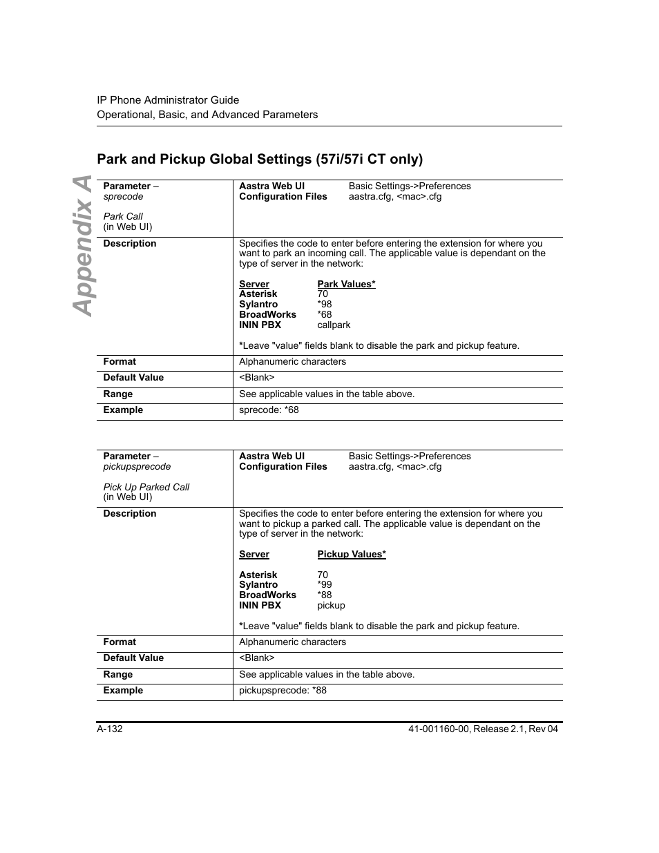 Park and pickup global settings (57i/57i ct only), Appendix a | Aastra Telecom SIP 57I User Manual | Page 634 / 818