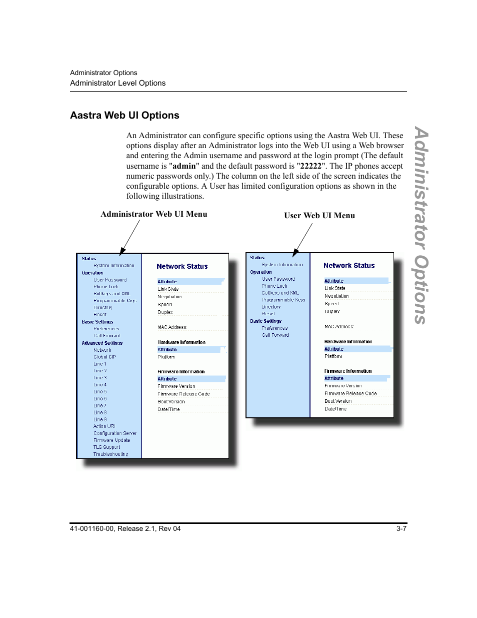 Aastra web ui options, Aastra web ui options -7, Administrator options | Aastra Telecom SIP 57I User Manual | Page 65 / 818