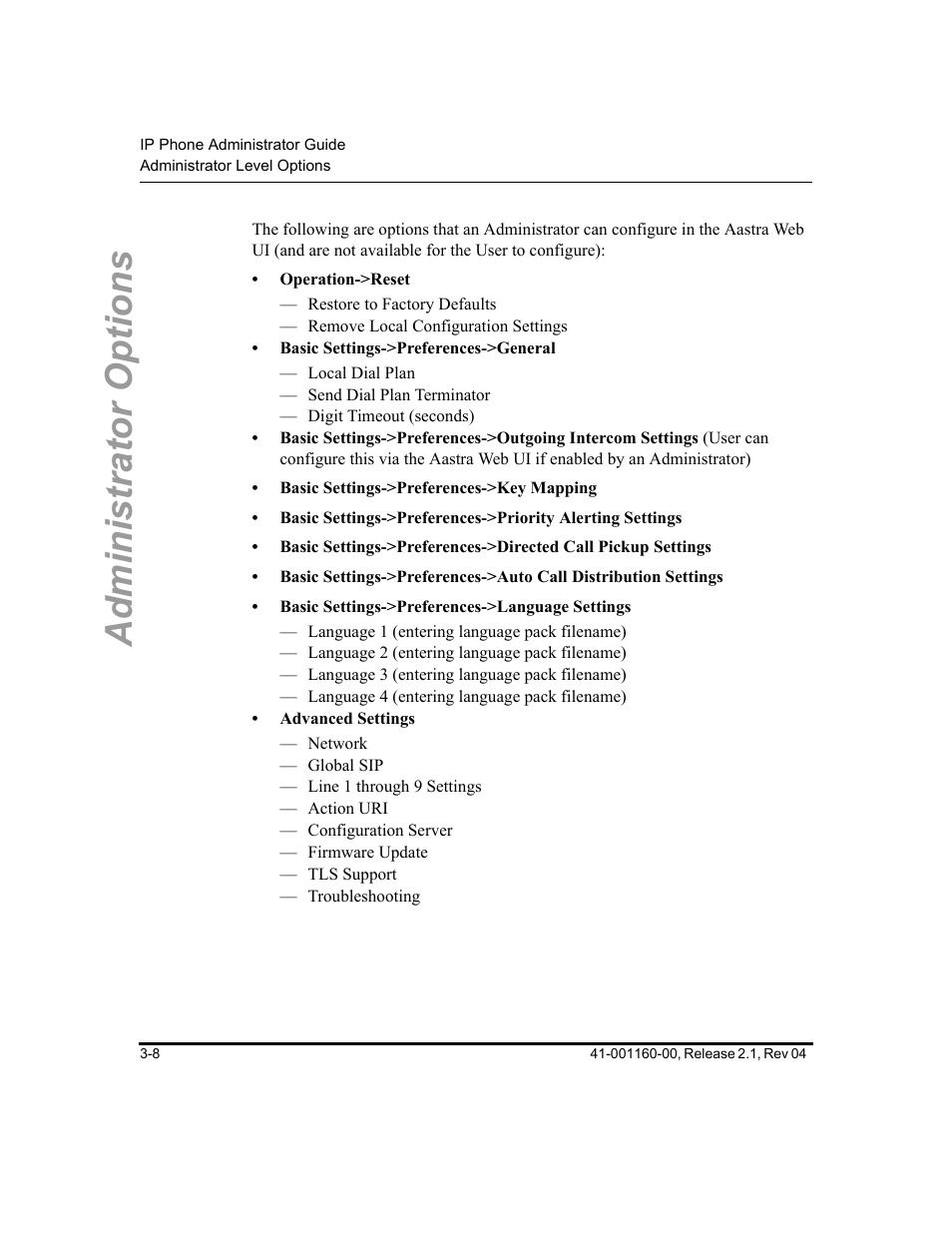 Administrator options | Aastra Telecom SIP 57I User Manual | Page 66 / 818