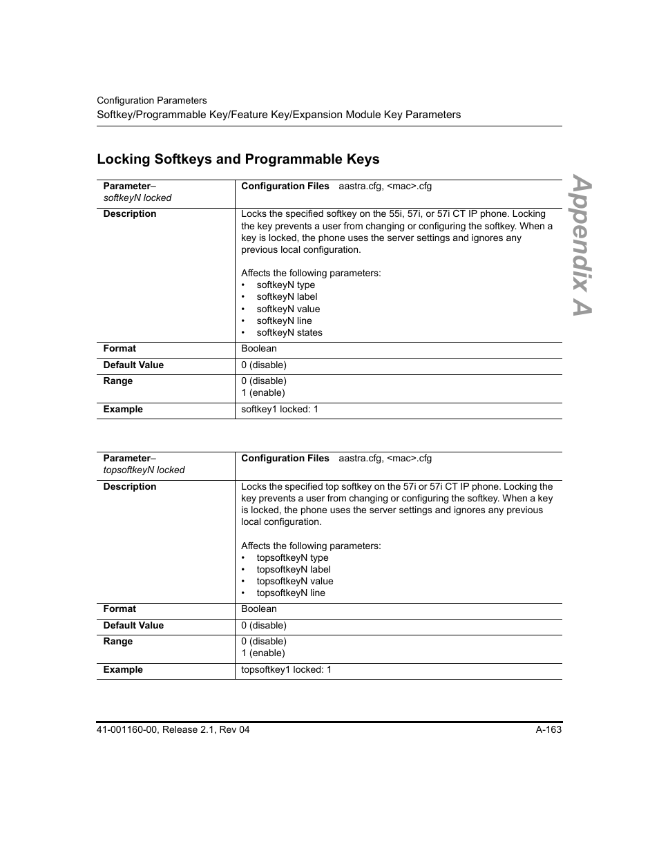 Locking softkeys and programmable keys, Appendix a | Aastra Telecom SIP 57I User Manual | Page 665 / 818
