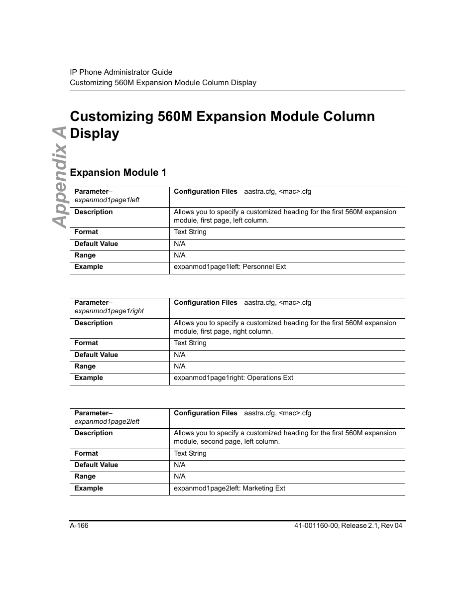 Customizing 560m expansion module column display, Expansion module 1, Appendix a | Aastra Telecom SIP 57I User Manual | Page 668 / 818