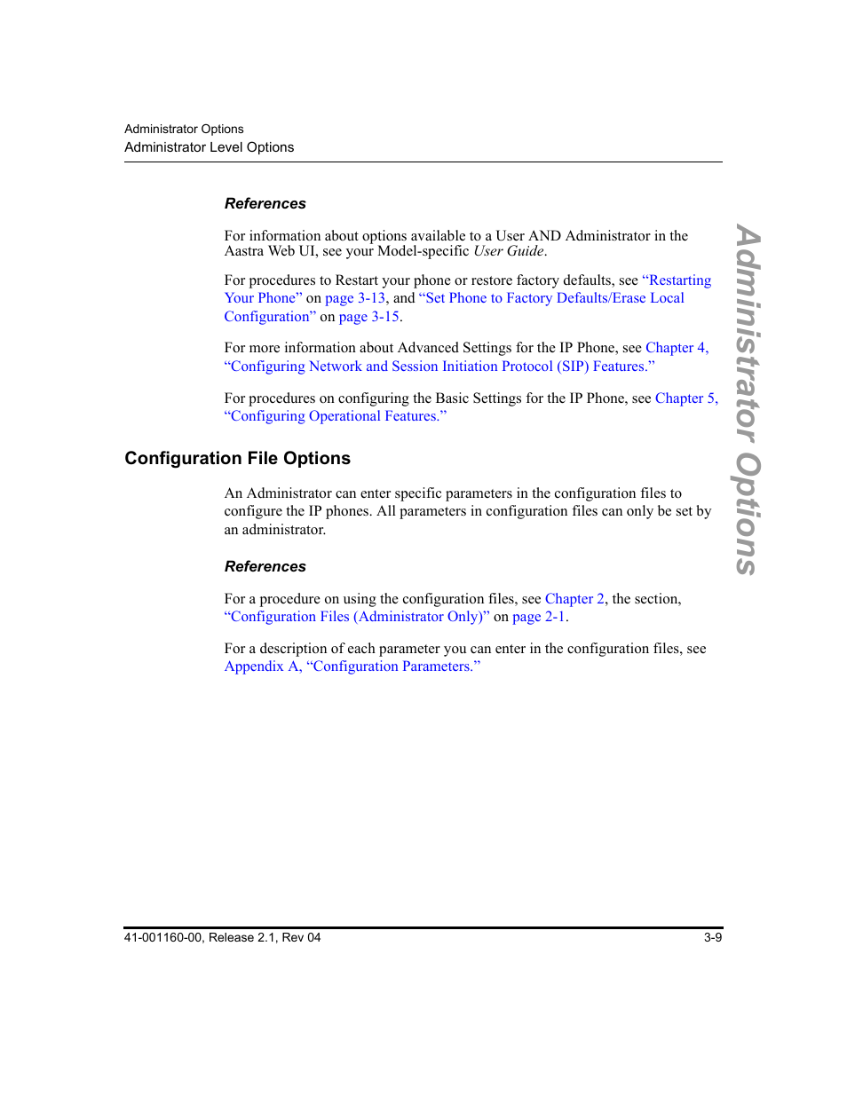 References, Configuration file options, Configuration file options -9 | Administrator options | Aastra Telecom SIP 57I User Manual | Page 67 / 818