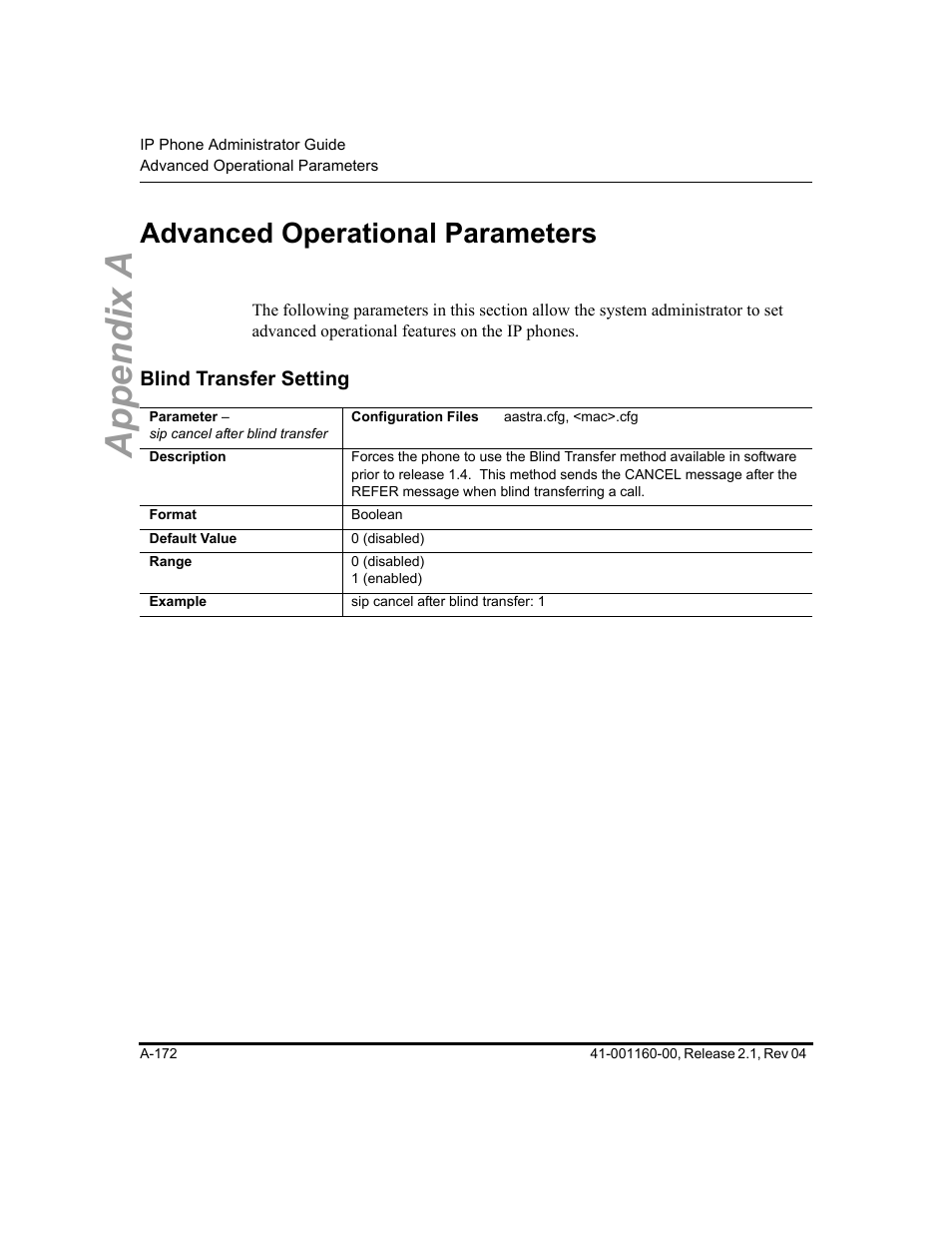 Advanced operational parameters, Blind transfer setting, Appendix a | Aastra Telecom SIP 57I User Manual | Page 674 / 818