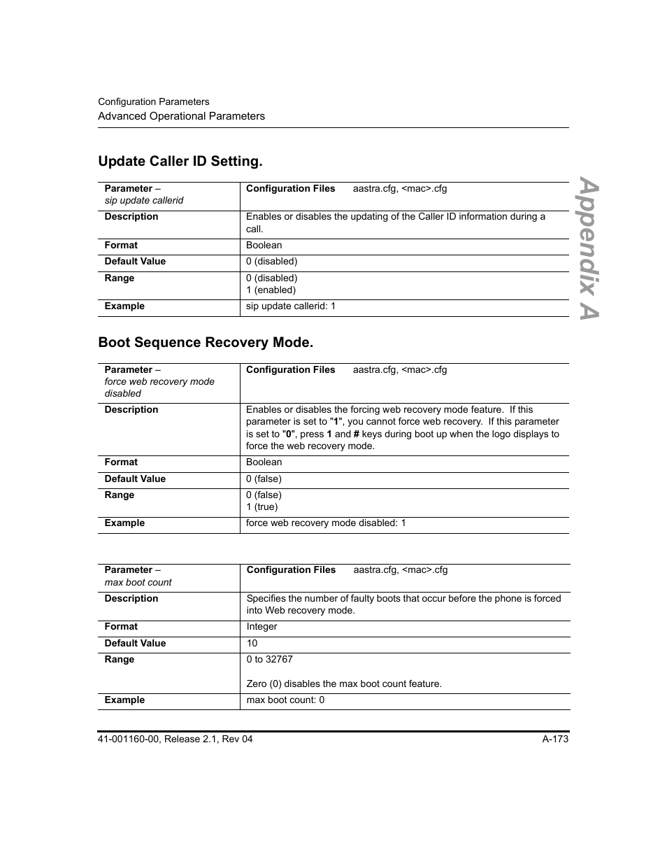 Update caller id setting, Boot sequence recovery mode, Appendix a | Aastra Telecom SIP 57I User Manual | Page 675 / 818