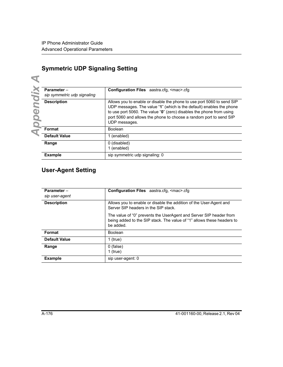 Symmetric udp signaling setting, User-agent setting, User-agent | Setting, Appendix a, Symmetric udp signaling setting user-agent setting | Aastra Telecom SIP 57I User Manual | Page 678 / 818