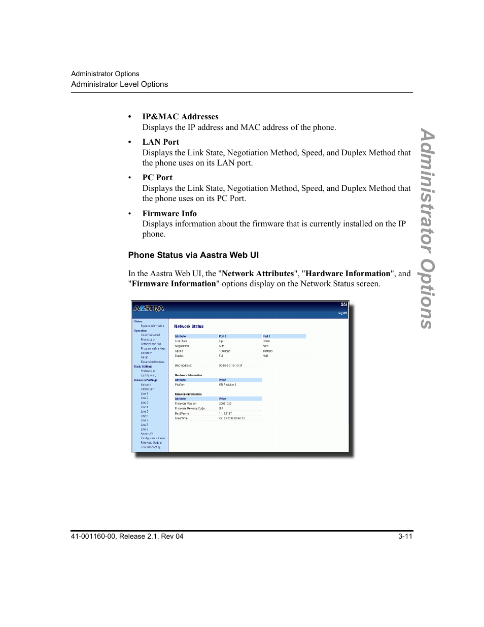 Phone status via aastra web ui, Administrator options | Aastra Telecom SIP 57I User Manual | Page 69 / 818