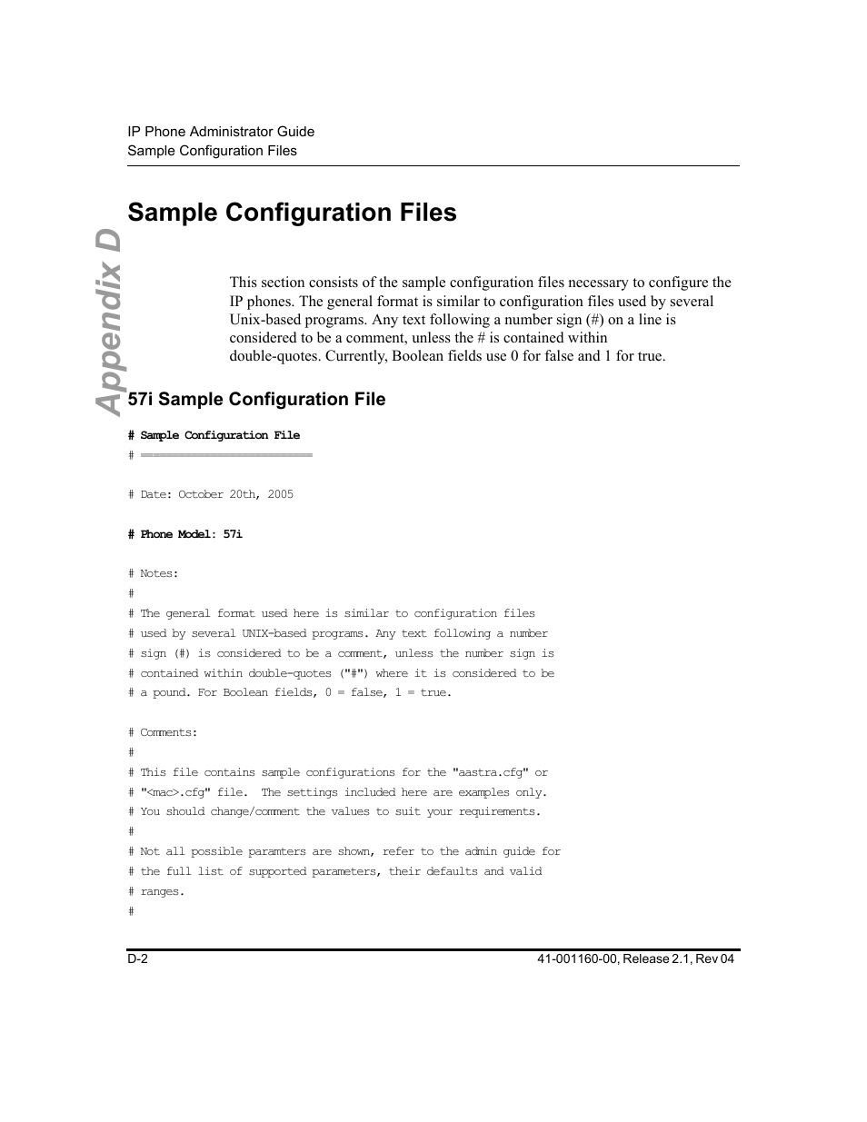 Sample configuration files, 57i sample configuration file, Appendix d | Aastra Telecom SIP 57I User Manual | Page 690 / 818