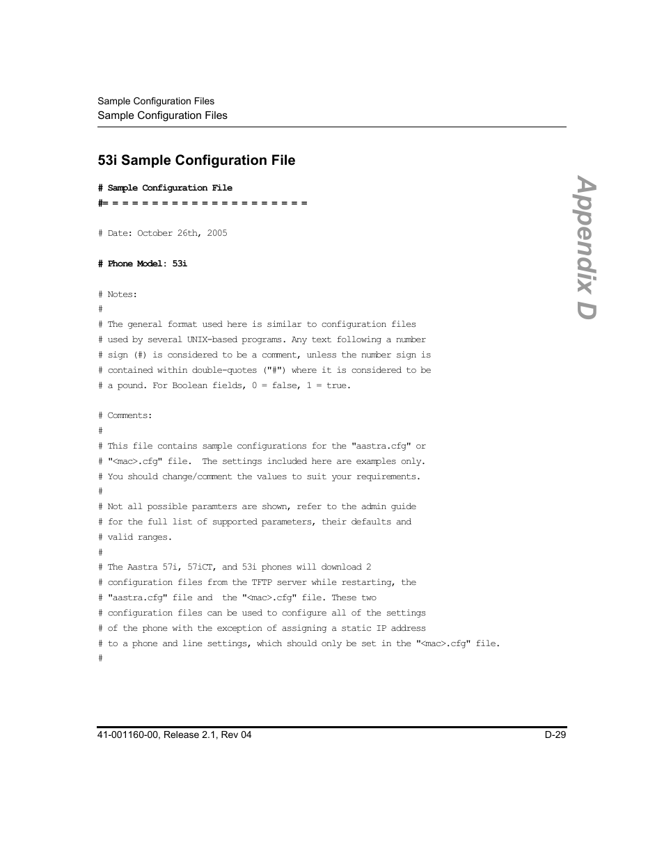 53i sample configuration file, Appendix d | Aastra Telecom SIP 57I User Manual | Page 717 / 818