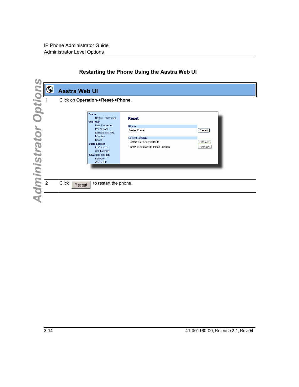 Restarting the phone using the aastra web ui, Administrator options | Aastra Telecom SIP 57I User Manual | Page 72 / 818