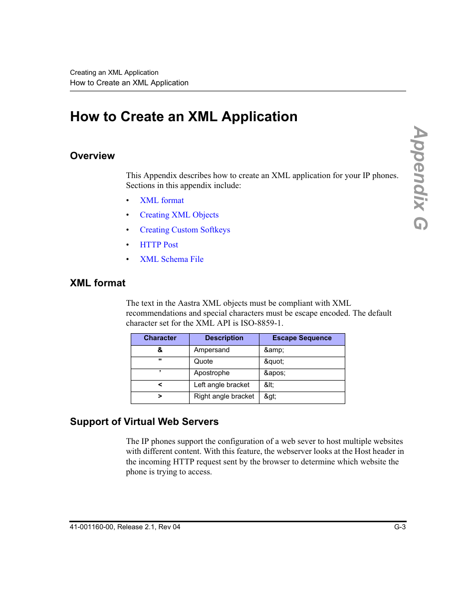 How to create an xml application, Overview, Xml format | Support of virtual web servers, Appendix g | Aastra Telecom SIP 57I User Manual | Page 741 / 818