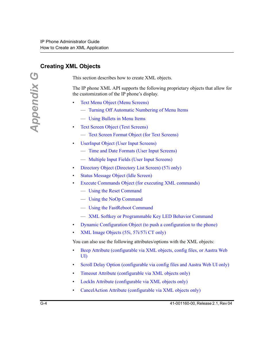 Creating xml objects, Appendix g | Aastra Telecom SIP 57I User Manual | Page 742 / 818