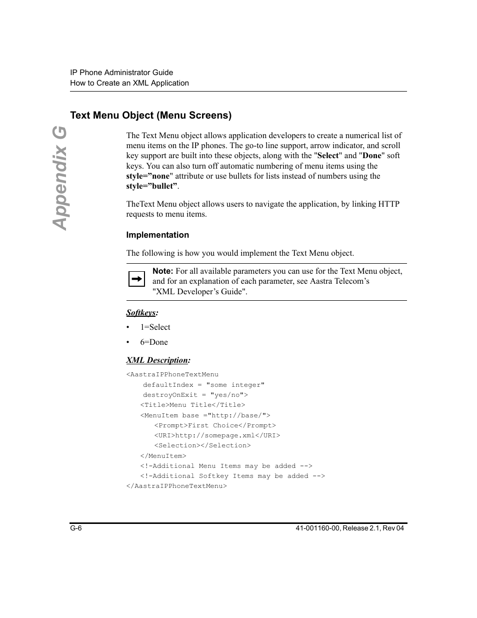 Text menu object (menu screens), Implementation, Appendix g | Aastra Telecom SIP 57I User Manual | Page 744 / 818