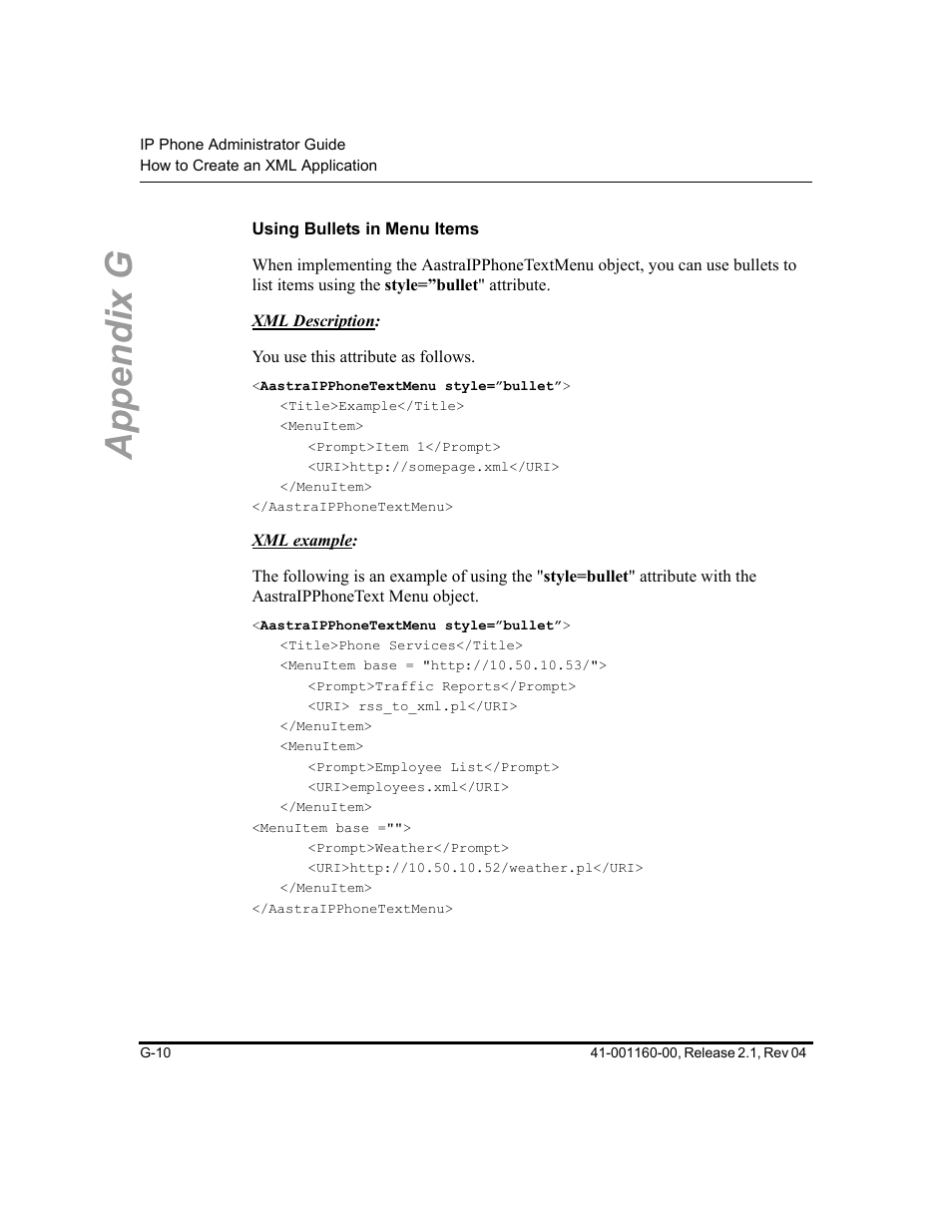 Using bullets in menu items, Appendix g | Aastra Telecom SIP 57I User Manual | Page 748 / 818