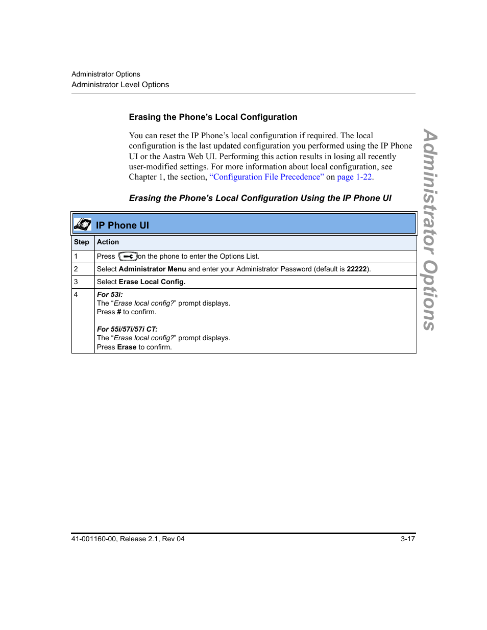 Erasing the phone’s local configuration, Administrator options | Aastra Telecom SIP 57I User Manual | Page 75 / 818