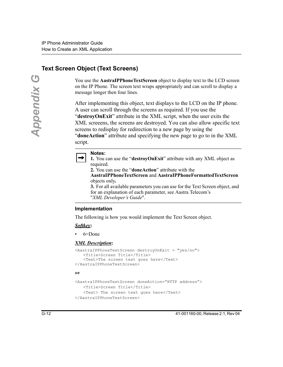Text screen object (text screens), Implementation, Appendix g | Aastra Telecom SIP 57I User Manual | Page 750 / 818