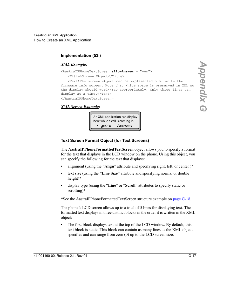Implementation (53i), Text screen format object (for text screens), Appendix g | Aastra Telecom SIP 57I User Manual | Page 755 / 818