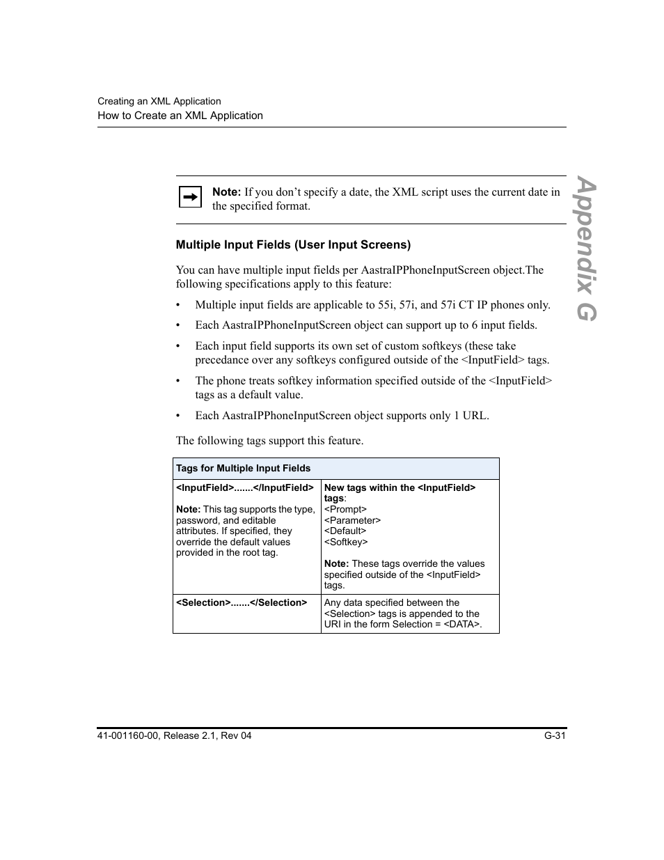 Multiple input fields (user input screens), Information, see, Appendix g | Aastra Telecom SIP 57I User Manual | Page 769 / 818