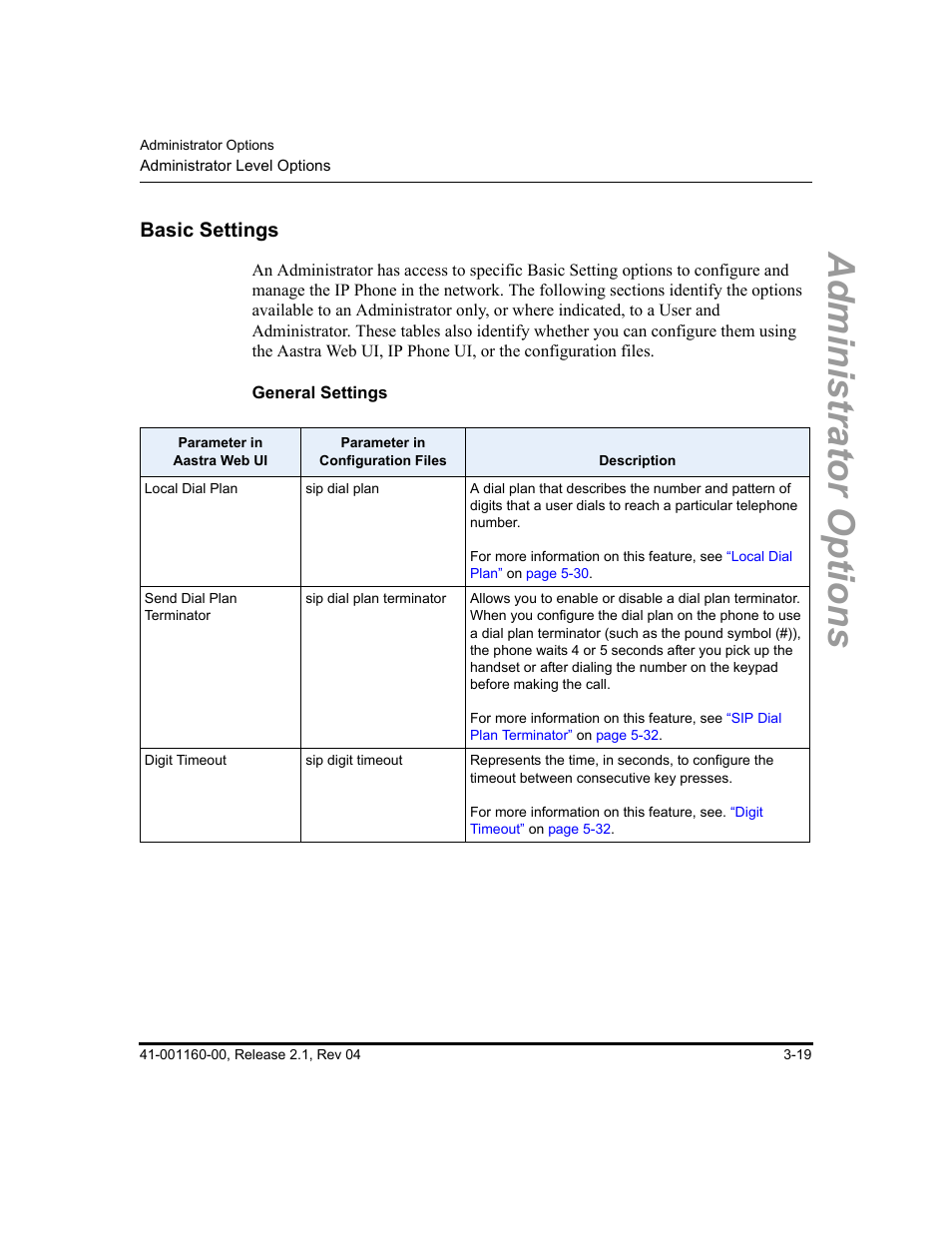 Basic settings, General settings, Basic settings -19 | Administrator options | Aastra Telecom SIP 57I User Manual | Page 77 / 818