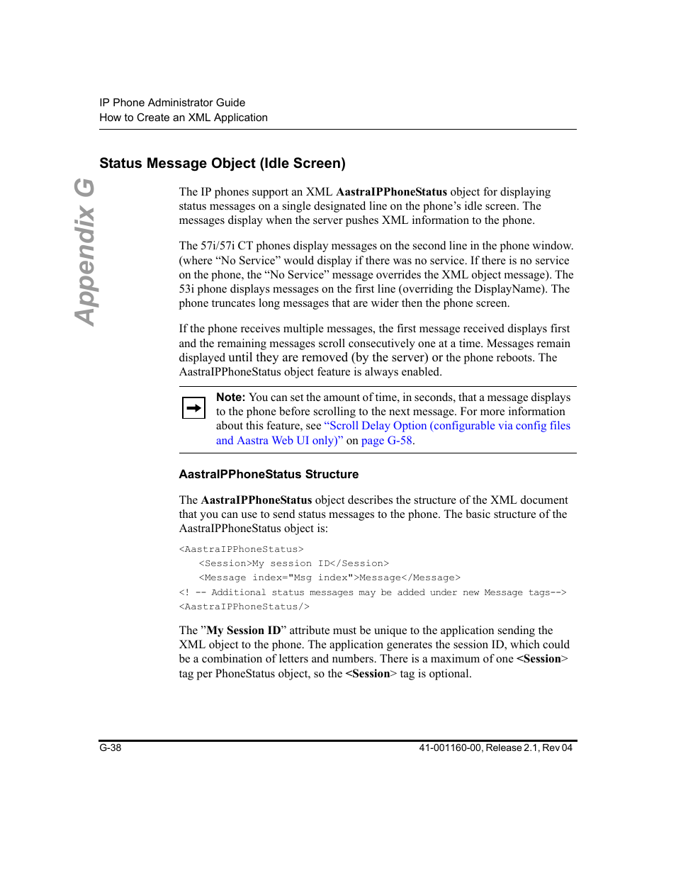 Status message object (idle screen), Aastraipphonestatus structure, Appendix g | Aastra Telecom SIP 57I User Manual | Page 776 / 818