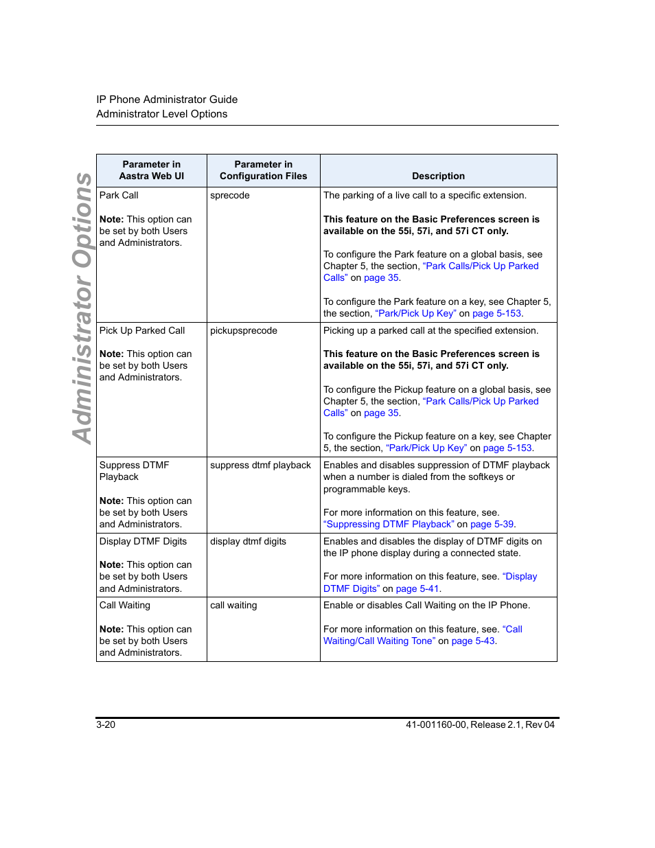 Administrator options | Aastra Telecom SIP 57I User Manual | Page 78 / 818
