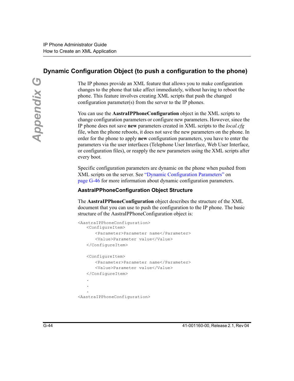 Aastraipphoneconfiguration object structure, Appendix g | Aastra Telecom SIP 57I User Manual | Page 782 / 818