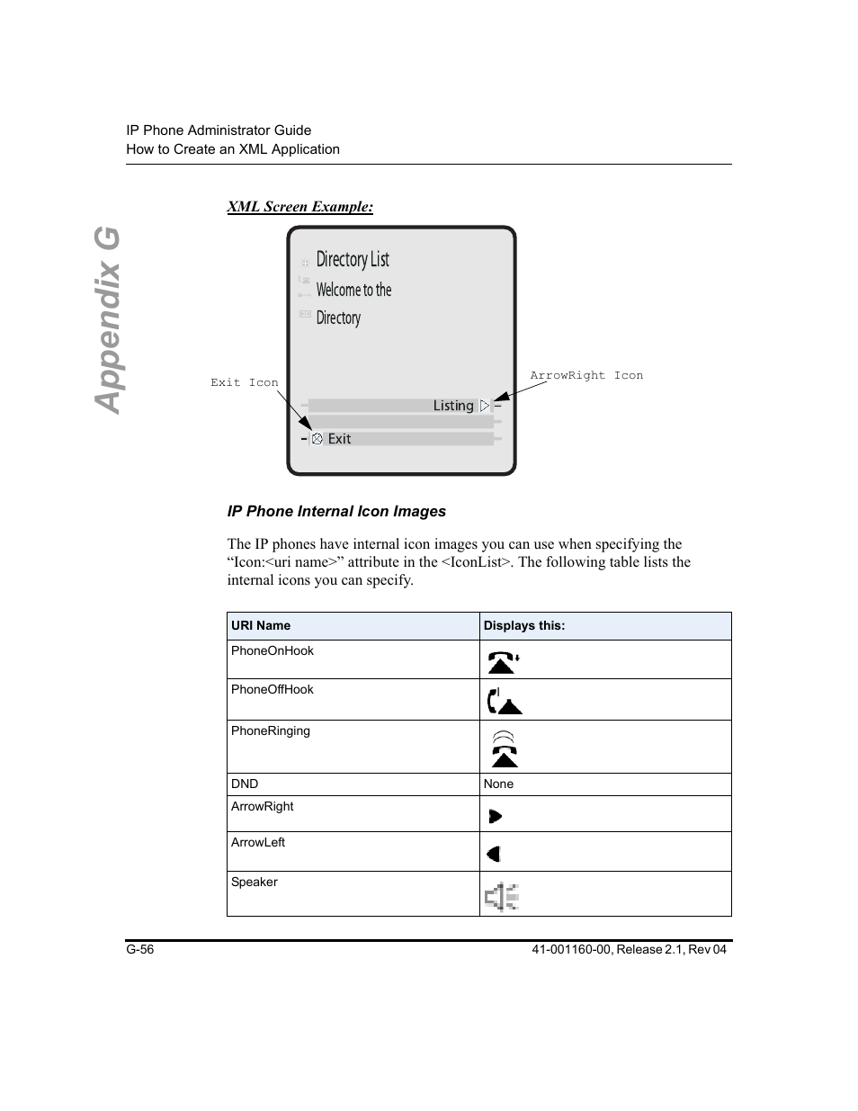 Ip phone internal icon images, Tion, Appendix g | Directorylist, Welcometothe directory, Listing exit | Aastra Telecom SIP 57I User Manual | Page 794 / 818