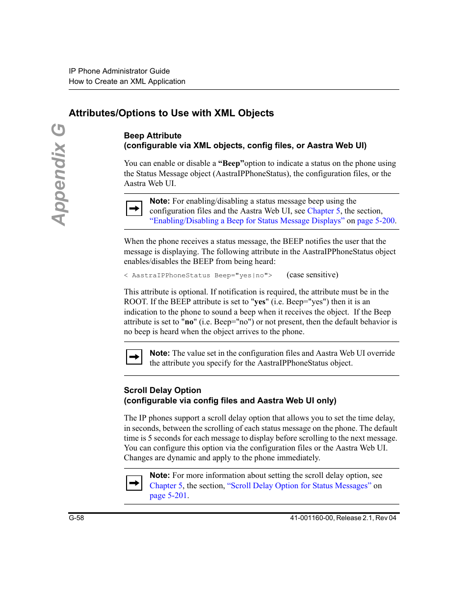 Attributes/options to use with xml objects, Scroll delay option (configurable via config files, And aastra web ui only) | Appendix g | Aastra Telecom SIP 57I User Manual | Page 796 / 818