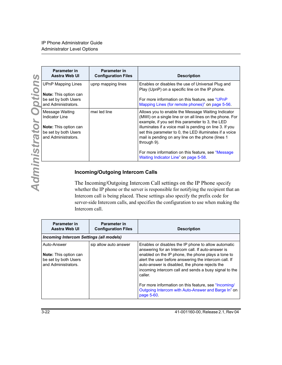 Incoming/outgoing intercom calls, Administrator options | Aastra Telecom SIP 57I User Manual | Page 80 / 818