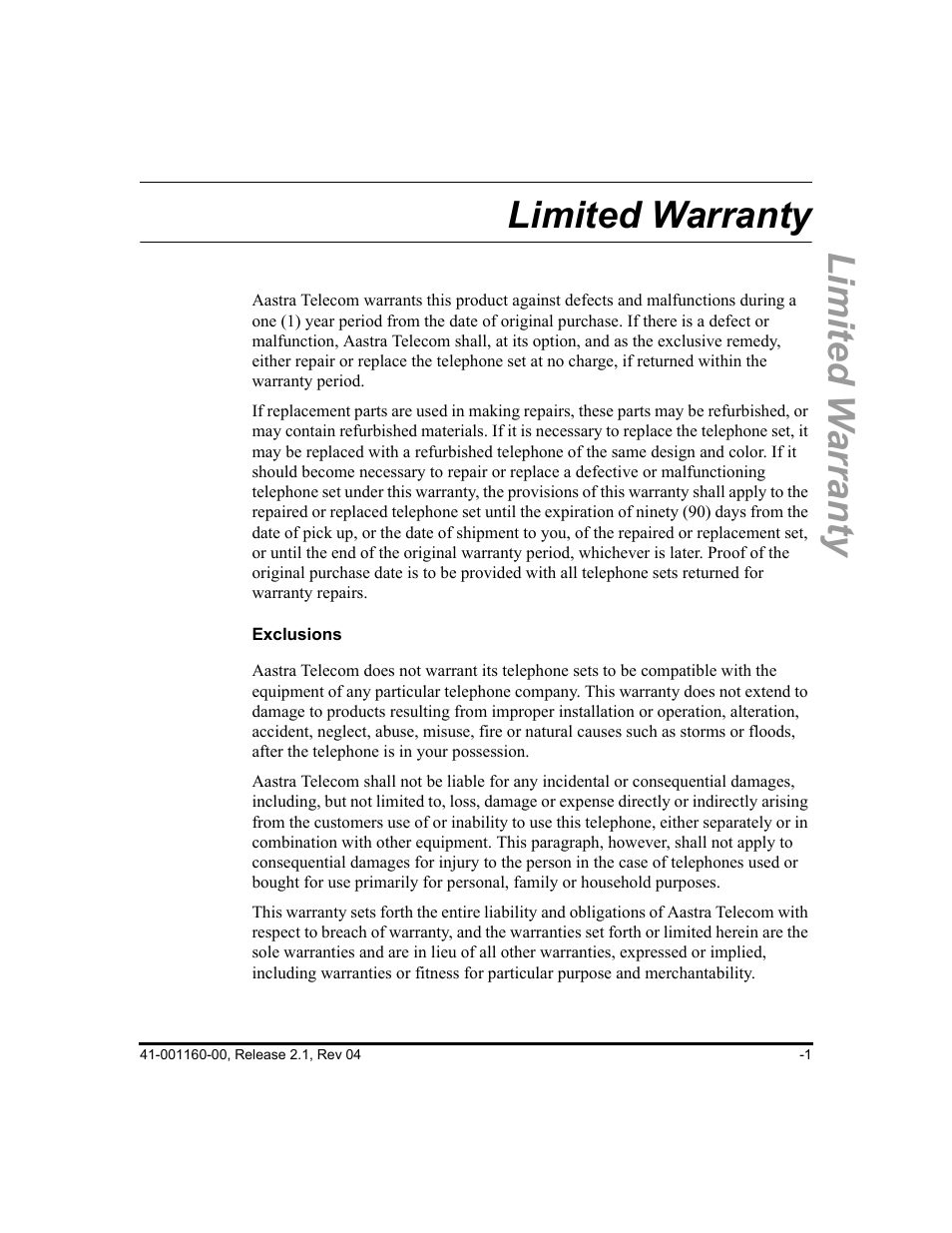 Limited warranty, Exclusions, Limited w arranty limited warranty | Aastra Telecom SIP 57I User Manual | Page 807 / 818