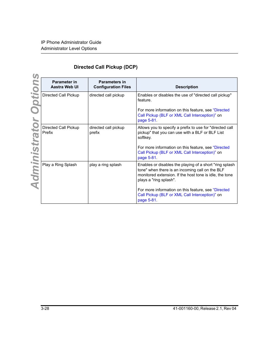 Directed call pickup (dcp), Administrator options | Aastra Telecom SIP 57I User Manual | Page 86 / 818