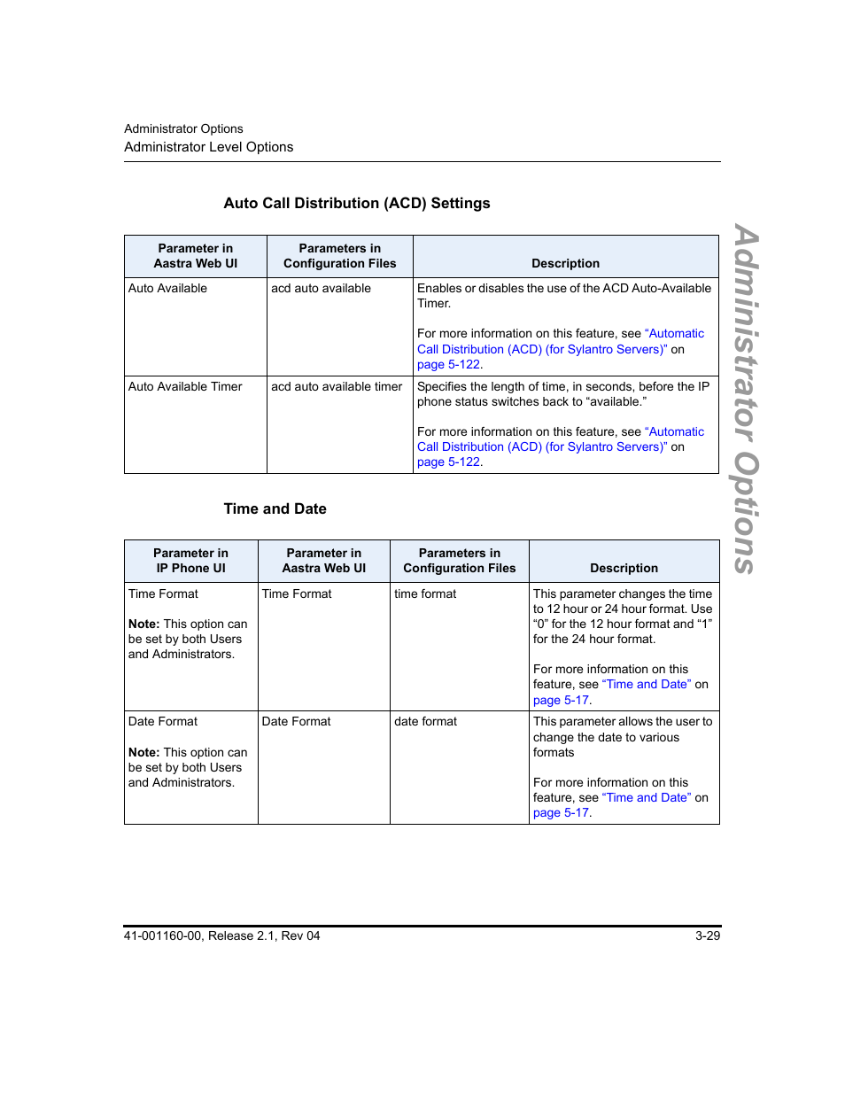 Auto call distribution (acd) settings, Time and date, Administrator options | Aastra Telecom SIP 57I User Manual | Page 87 / 818