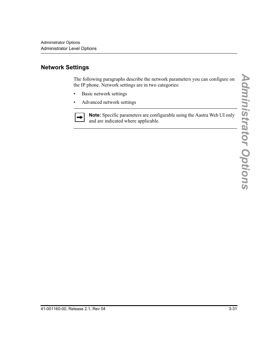 Network settings, Network settings -31, Administrator options | Aastra Telecom SIP 57I User Manual | Page 89 / 818