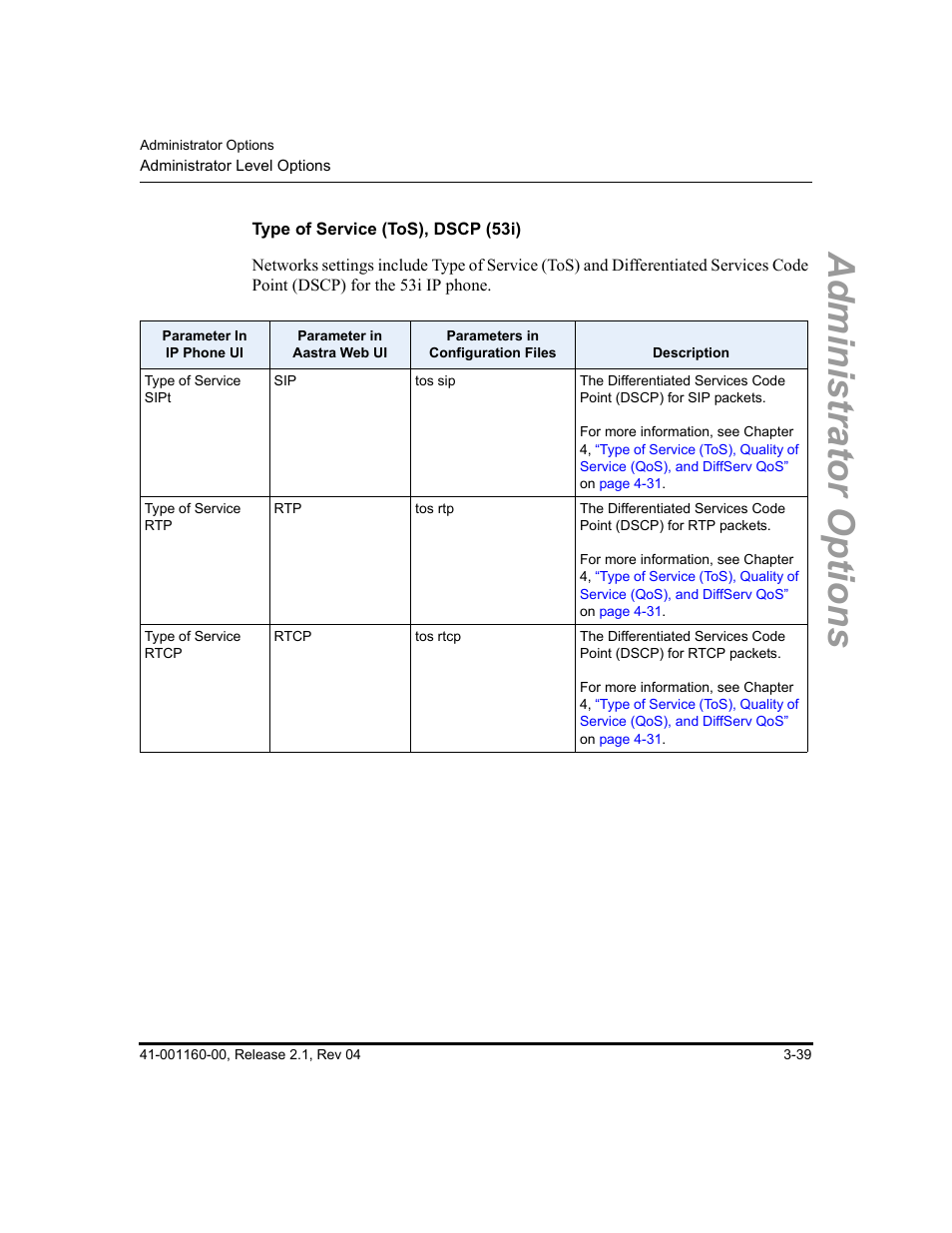 Type of service (tos), dscp (53i), Administrator options | Aastra Telecom SIP 57I User Manual | Page 97 / 818