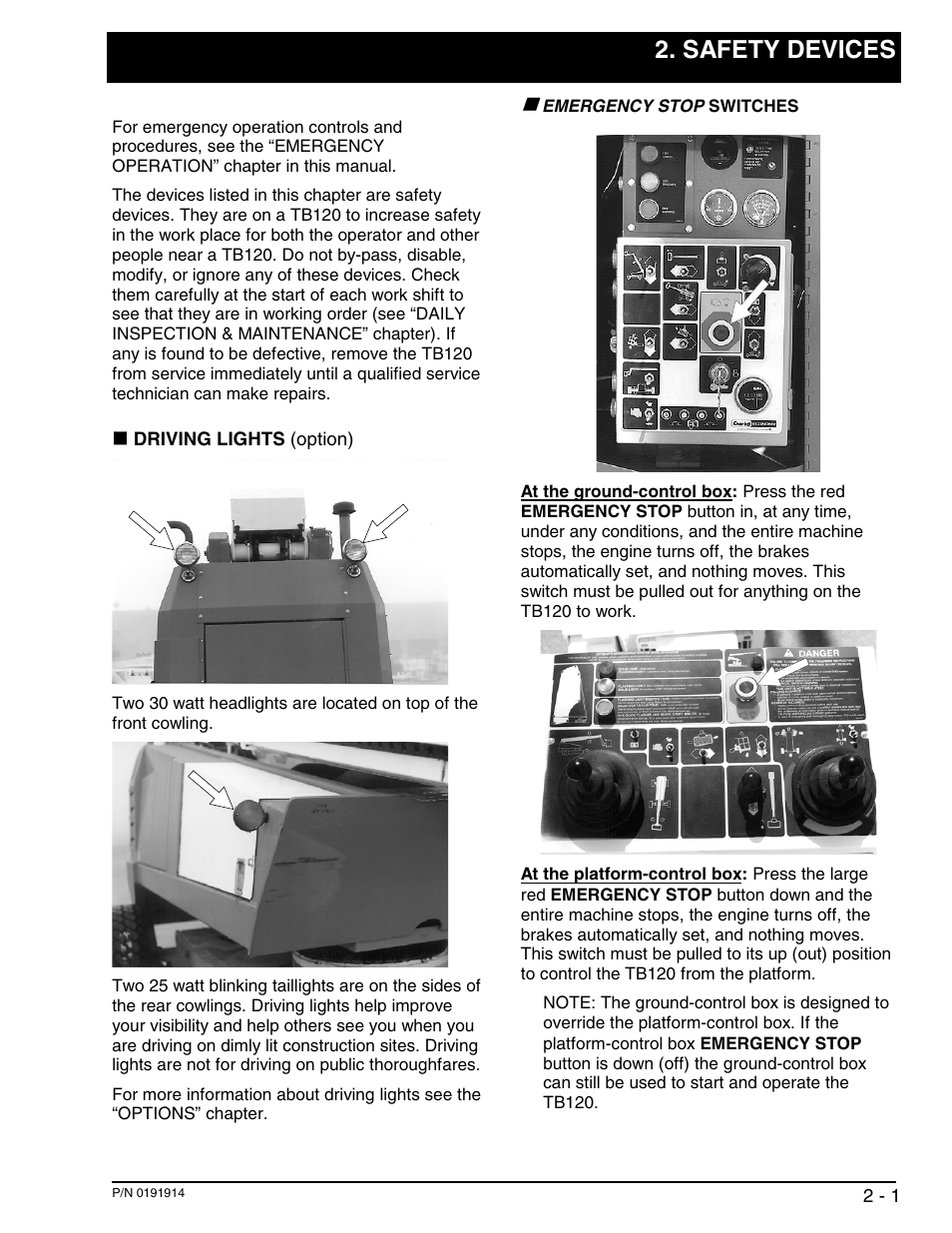 Safety devices | Snorkel TB120 2001 User Manual | Page 14 / 90