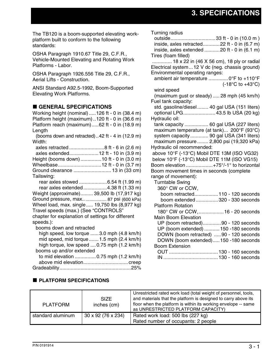 Specifications | Snorkel TB120 2001 User Manual | Page 20 / 90