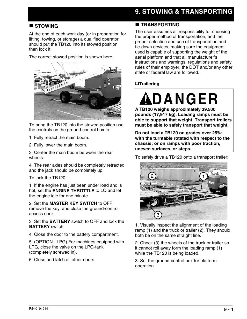 Stowing & transporting | Snorkel TB120 2001 User Manual | Page 55 / 90