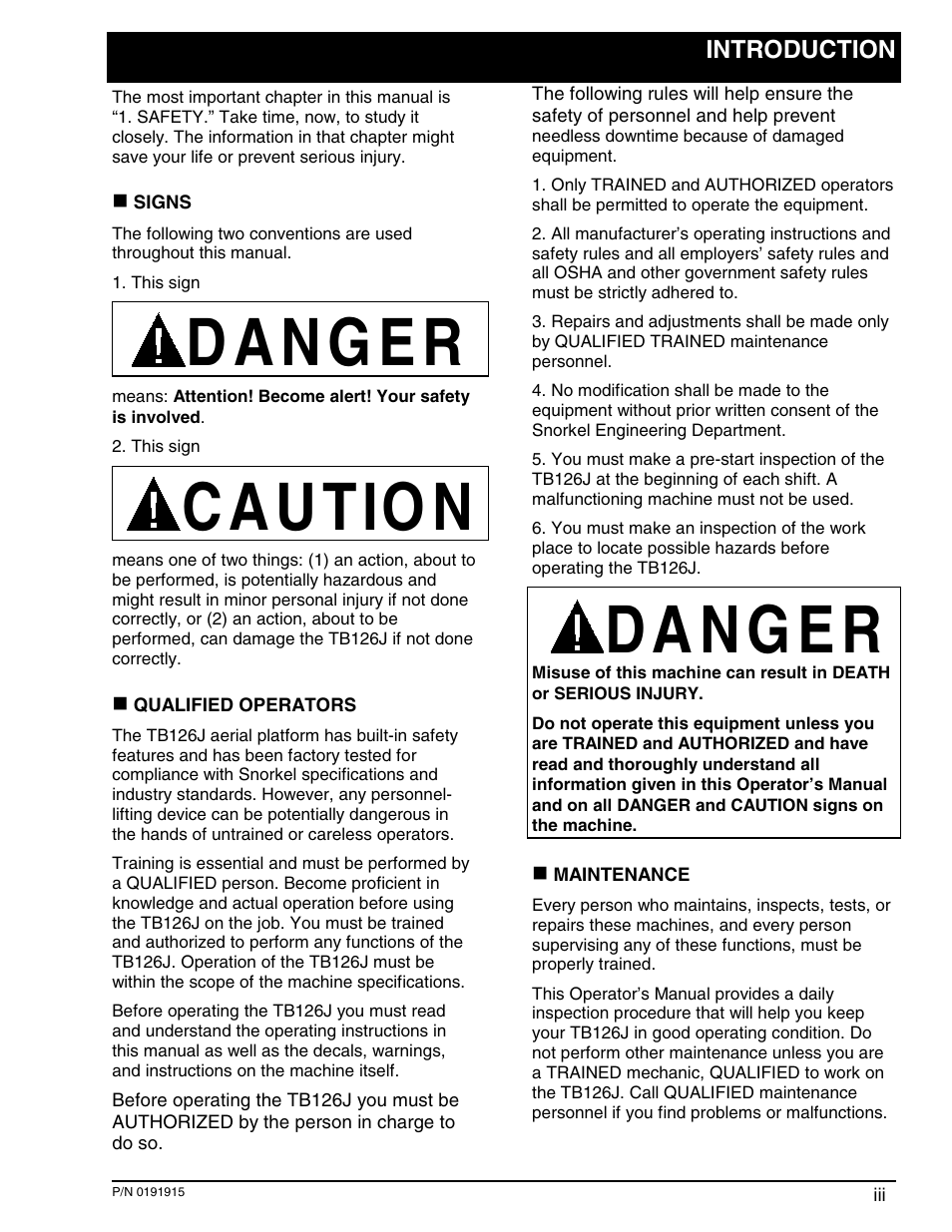 C a u tio n | Snorkel TB126J User Manual | Page 5 / 83