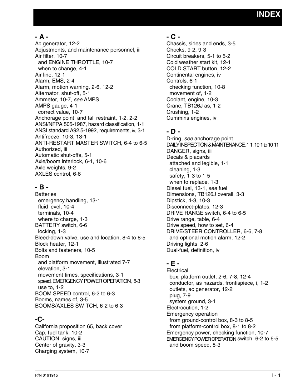 Index | Snorkel TB126J User Manual | Page 78 / 83