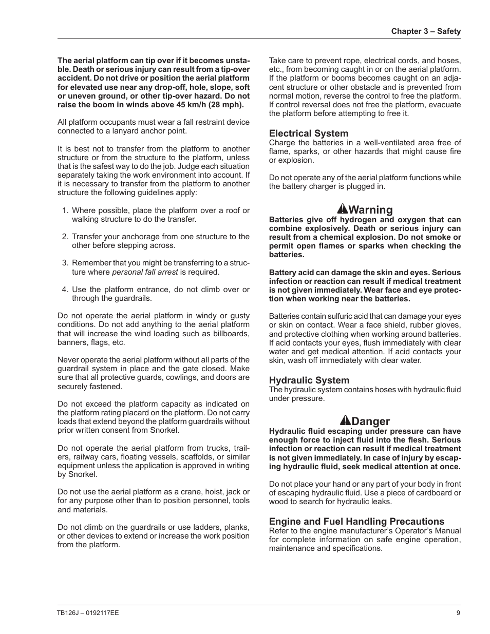 Warning, Danger | Snorkel TB126J CE User Manual | Page 13 / 70
