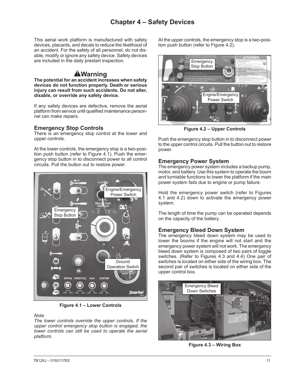 Warning, Chapter 4 – safety devices | Snorkel TB126J CE User Manual | Page 15 / 70