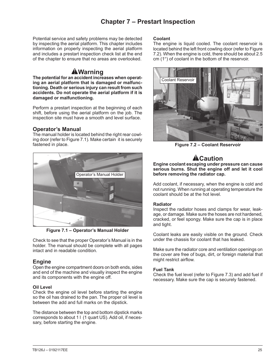 Warning, Chapter 7 – prestart inspection, Caution | Snorkel TB126J CE User Manual | Page 29 / 70