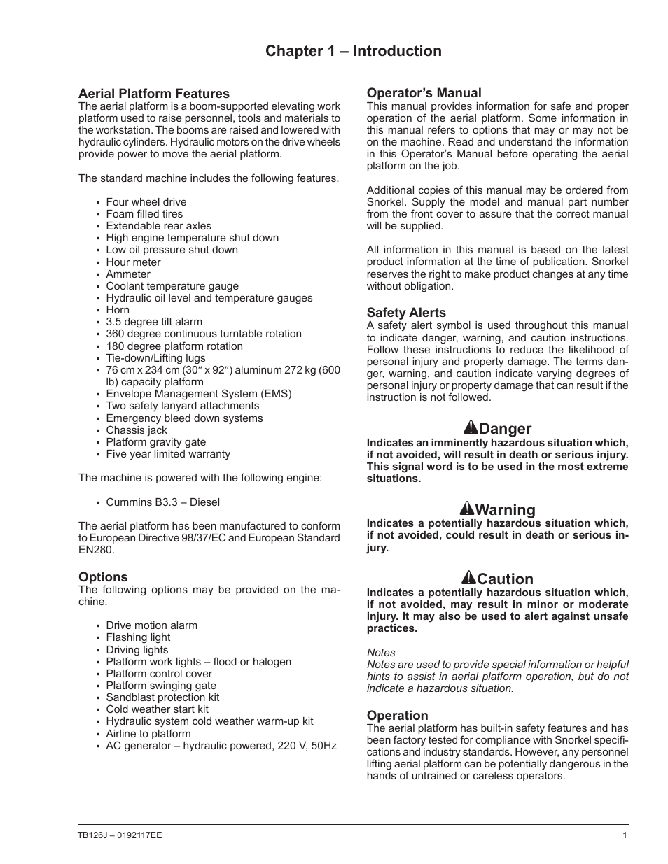 Chapter 1 – introduction, Danger, Warning | Caution | Snorkel TB126J CE User Manual | Page 5 / 70