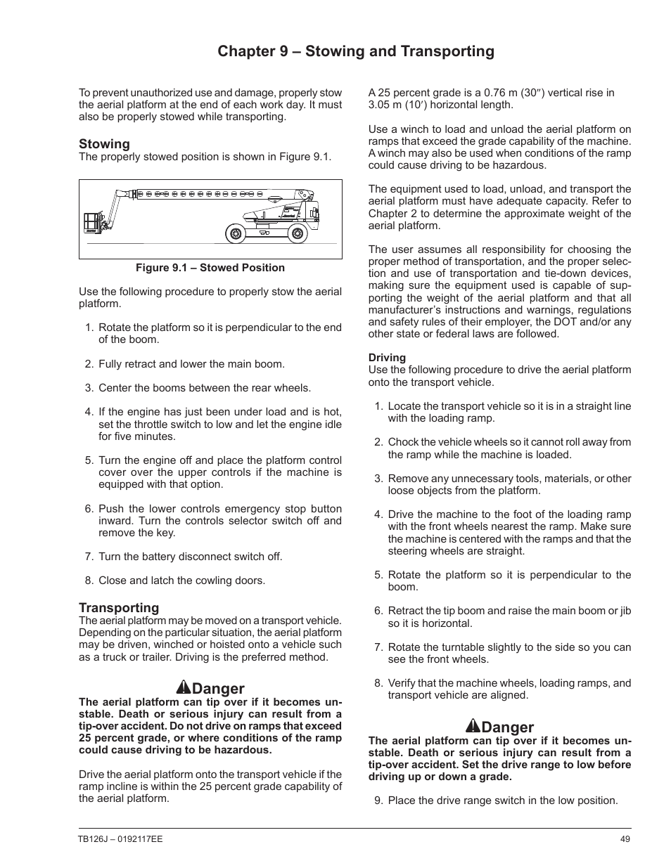 Chapter 9 – stowing and transporting, Danger | Snorkel TB126J CE User Manual | Page 53 / 70