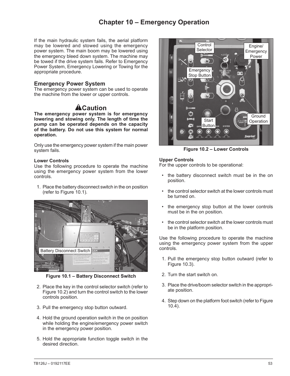 Caution, Chapter 10 – emergency operation | Snorkel TB126J CE User Manual | Page 57 / 70