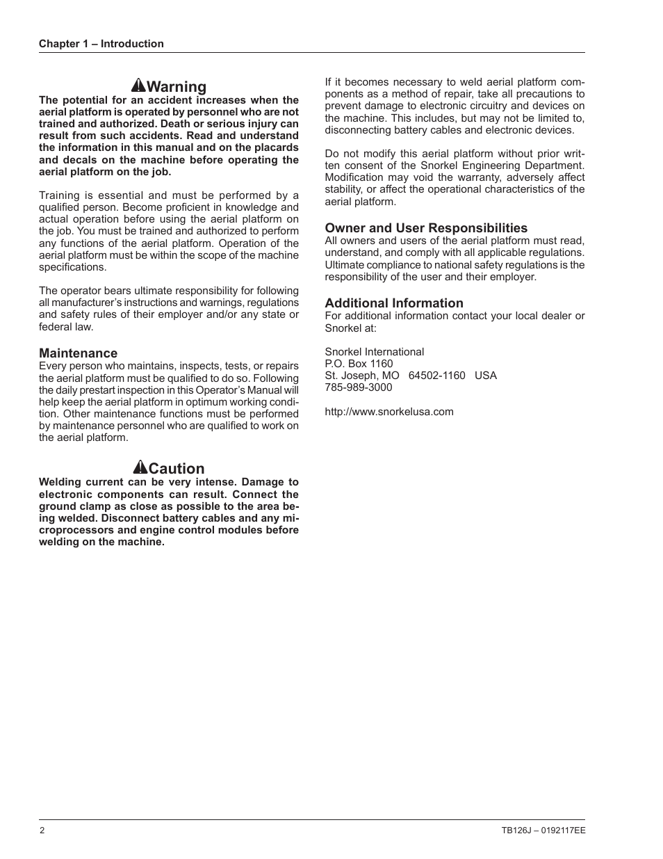 Warning, Caution | Snorkel TB126J CE User Manual | Page 6 / 70