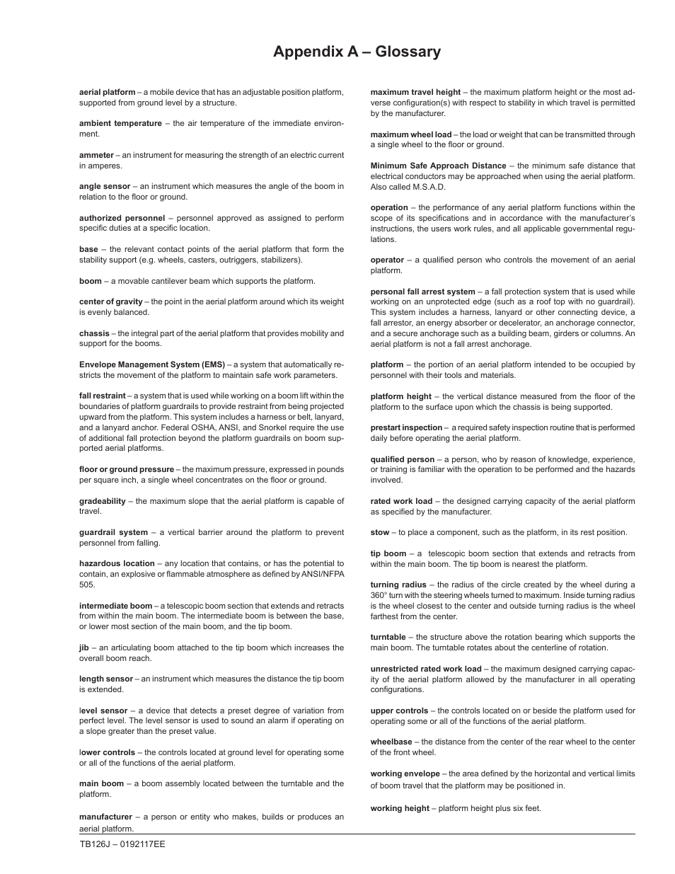 Appendix a – glossary | Snorkel TB126J CE User Manual | Page 67 / 70