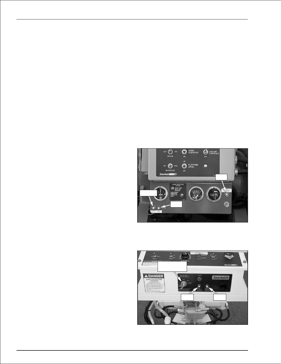 Rotation switch 6-2, Boom elevation switch 6-2, Boom switch 6-2 | Platform level switch 6-2, Platform rotator switch 6-2, Engine/emergency power switch 6-2, Throttle switch 6-2, Fuel switch 6-2, Circuit breaker reset buttons 6-2, Boom elevation switch, 6-2 | Snorkel TB37 2001 User Manual | Page 21 / 58