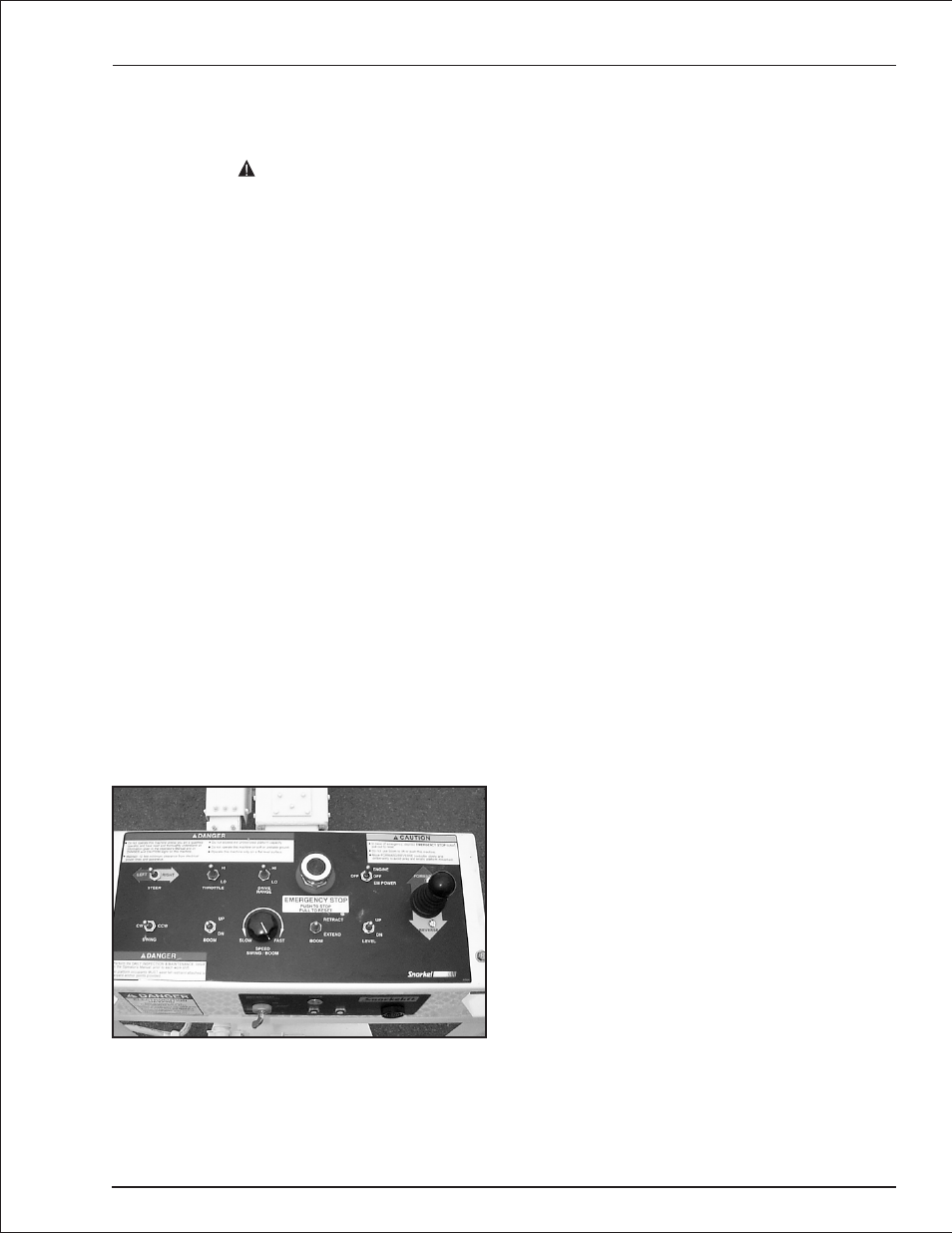 Upper controls 6-3, Anti-restart master switch 6-3, Emergency stop button 6-3 | Speed knob 6-3, Swing switch 6-3, Boom up/down switch 6-3, Boom speed control knob, 6-3, Boom up/down switch, 6-3, Swing switch, 6-3, Upper controls, 6-3, 7-8, 8-2, 10-1 | Snorkel TB37 2001 User Manual | Page 22 / 58
