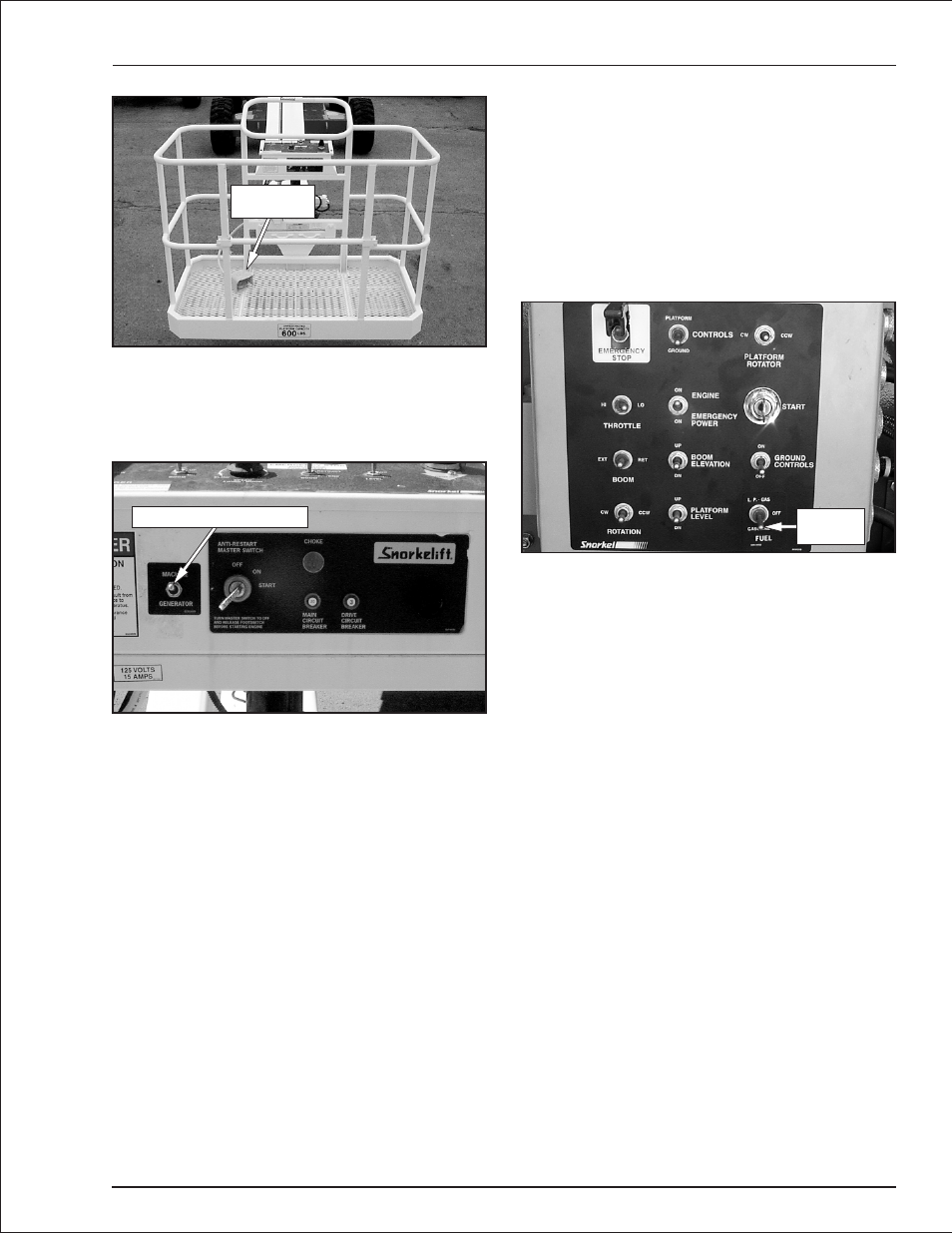Machine/generator switch 6-5, Dual fuel 6-5, Driving and platform work lights 6-5 | Driving lights, 6-5, 8-4, Dual fuel, 6-5, 8-4, Ac generator, 6-5, 7-8, 8-4, Dual fuel, 6-5, 8-2, Machine/generator switch, Dual fuel, Driving and platform work lights | Snorkel TB37 2001 User Manual | Page 24 / 58
